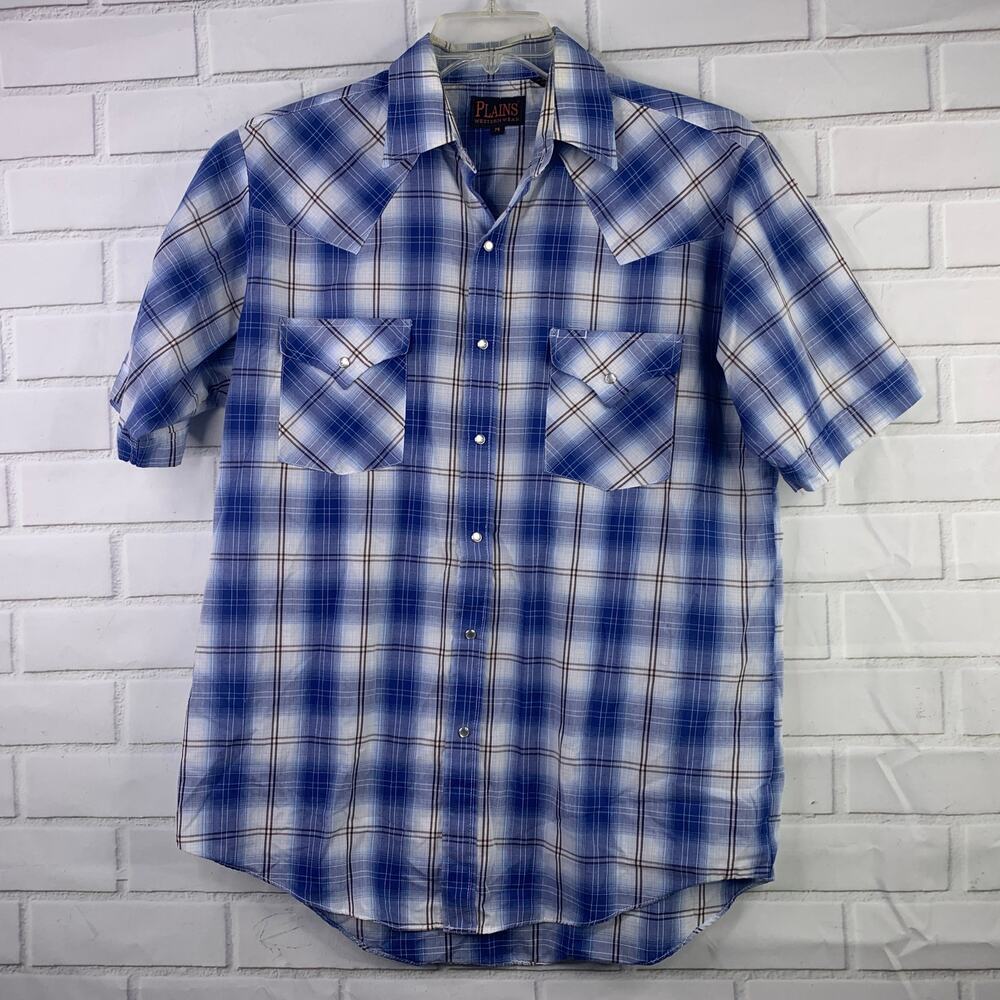 vintage 90s Plains Westernwear pearl snap shirt short sleeves blue plaid medium